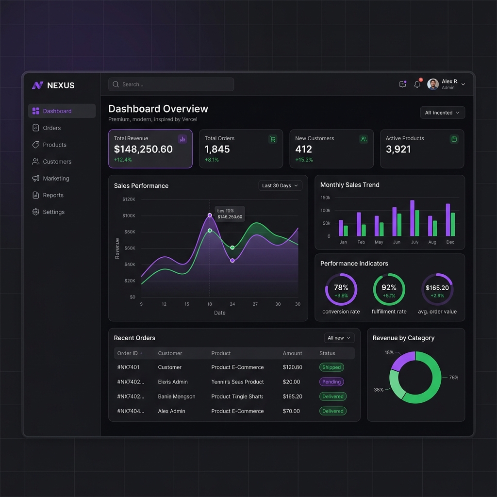 Admin dashboard design concept with revenue KPIs, sales charts and recent orders table