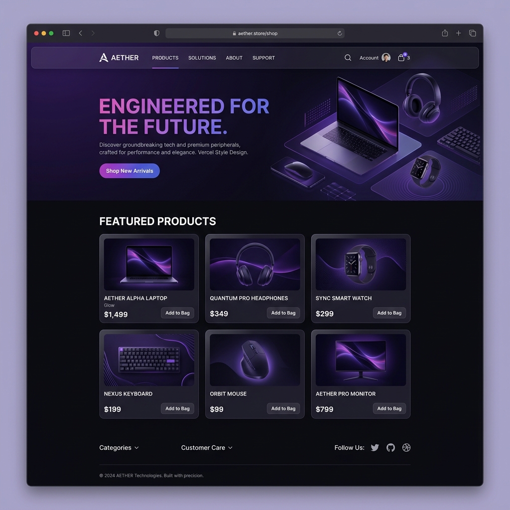E-commerce storefront design concept showing hero banner and featured product grid