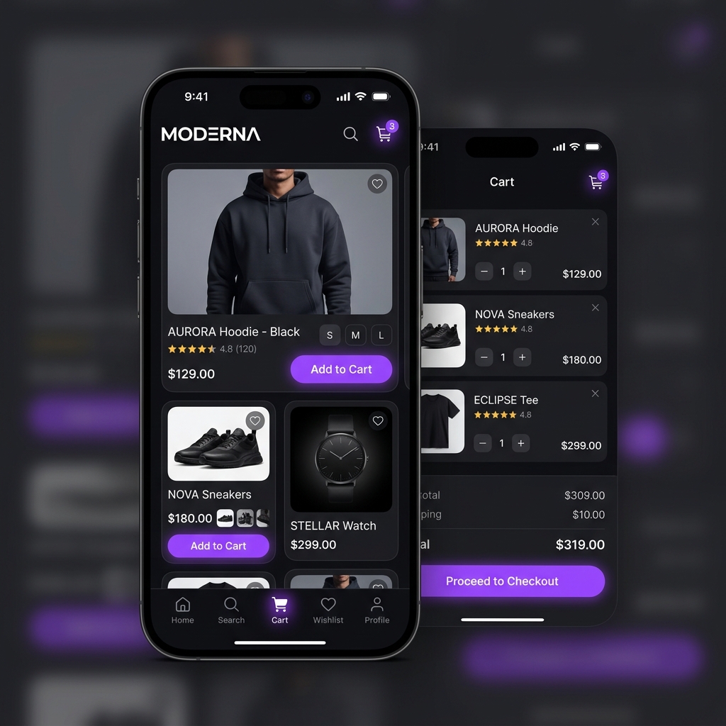 Mobile commerce app design concept showing product listing and cart screens